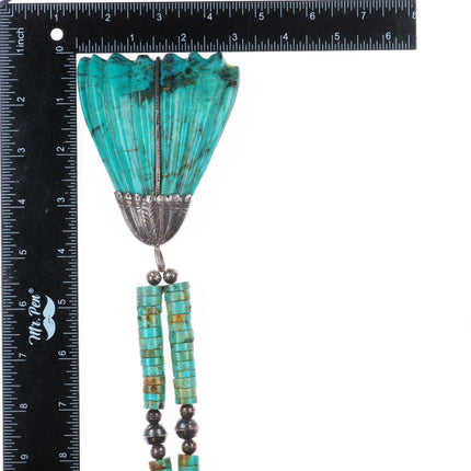 Vintage Zuni/Santo Domingo sterling silver carved turquoise leaf Heishi necklace