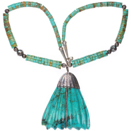 Vintage Zuni/Santo Domingo sterling silver carved turquoise leaf Heishi necklace