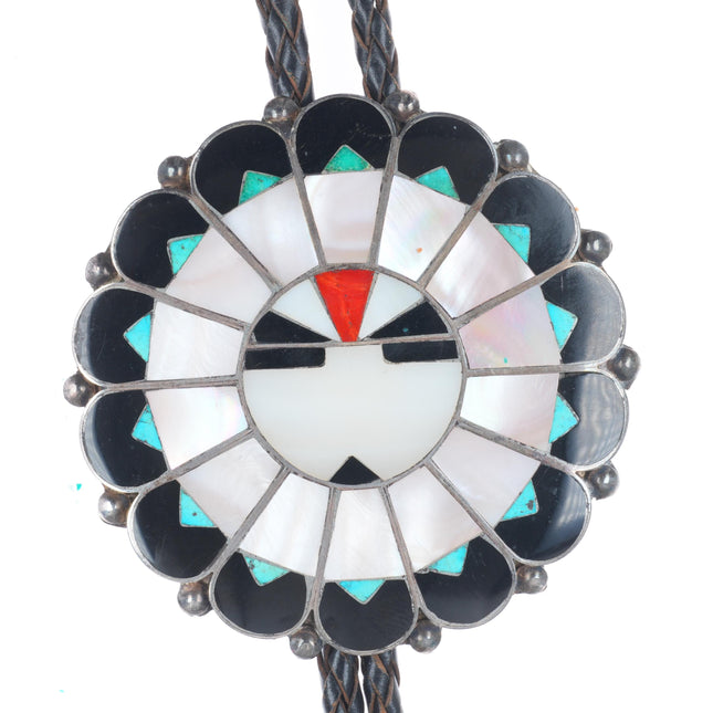 c1960 c-31 Big vintage Qualo Zuni sterling silver inlay bolo tie turquoise/coral