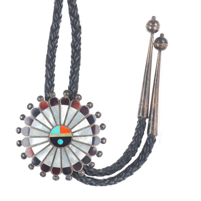 1970's Vintage Zuni sterling silver sunface shell/turquoise/coral bolo tie