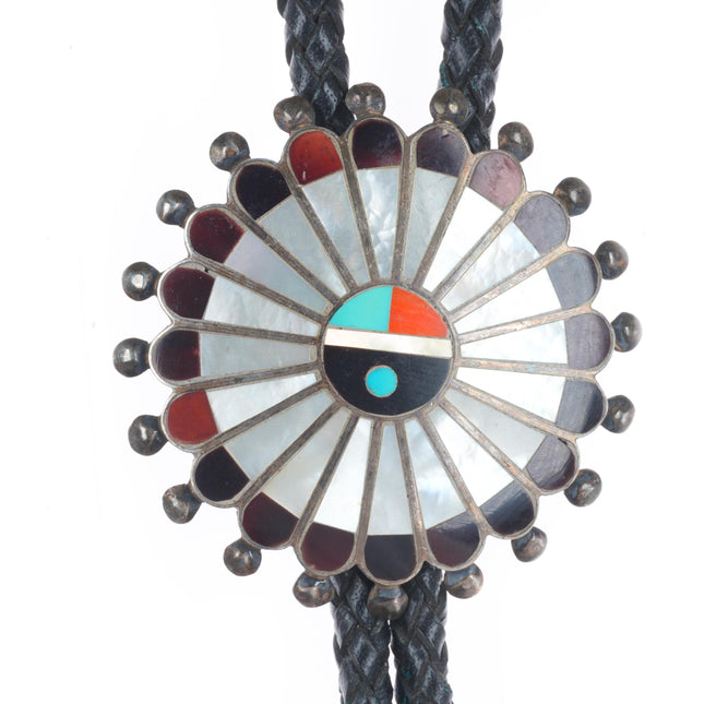 1970's Vintage Zuni sterling silver sunface shell/turquoise/coral bolo tie