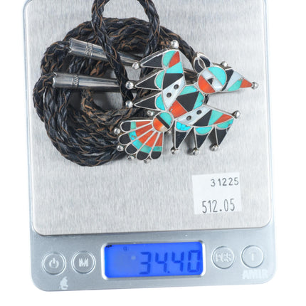 40's-50's Big Zuni thunderbird sterling silver, turquoise, coral bolo tie