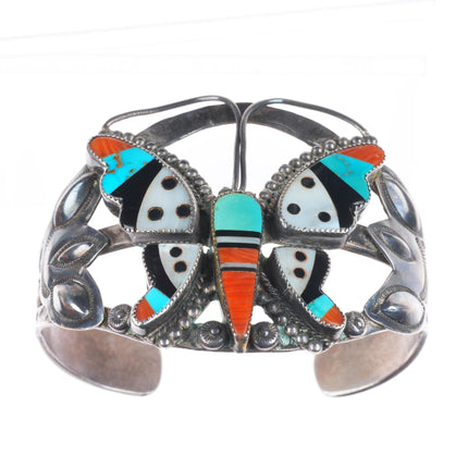 6.4" 1940's Vintage Zuni intarsia inlay sterling silver butterfly cuff bracelet