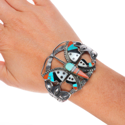 6.4" 1940's Vintage Zuni intarsia inlay sterling silver butterfly cuff bracelet