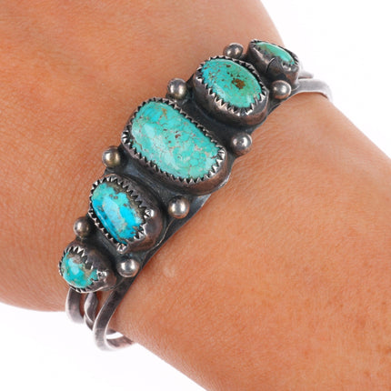 6" c1950 Vintage Navajo sterling silver 5 stone turquoise row cuff bracelet