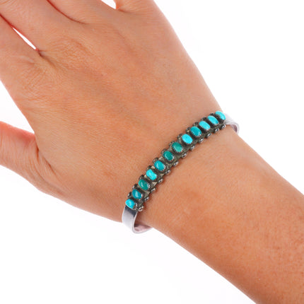 6.5" c1940's Zuni sterling silver Natural green/blue turquoise row cuff bracelet