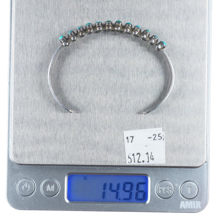 6.5" c1940's Zuni sterling silver Natural green/blue turquoise row cuff bracelet