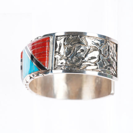6.5" Don Dewa Zuni sterling silver sunface/bear inlay cuff bracelet turquoise