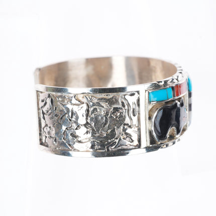 6.5" Don Dewa Zuni sterling silver sunface/bear inlay cuff bracelet turquoise