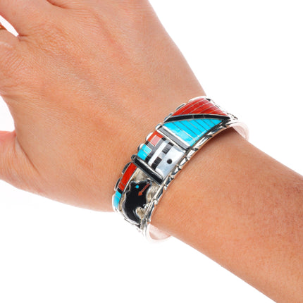 6.5" Don Dewa Zuni sterling silver sunface/bear inlay cuff bracelet turquoise