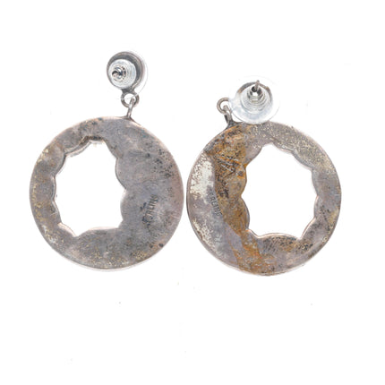 Vintage Zuni fishscale turquoise inlay sterling silver dangle Hoop earrings