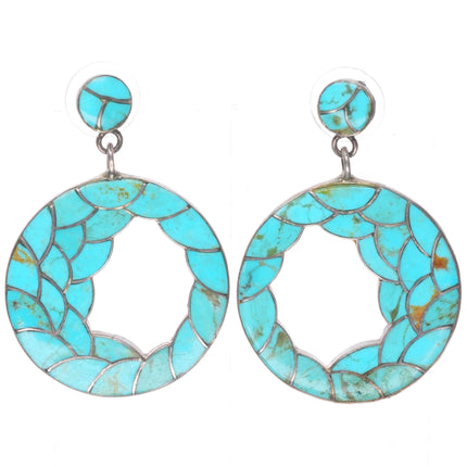 Vintage Zuni fishscale turquoise inlay sterling silver dangle Hoop earrings