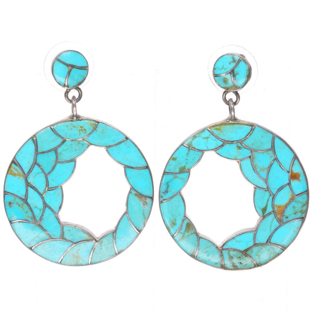 Vintage Zuni fishscale turquoise inlay sterling silver dangle Hoop earrings