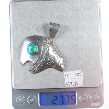 Delbert Vandever Navajo sterling silver bear pendant with nice turquoise