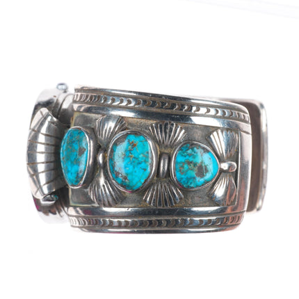 6.75" Heavy vintage Navajo Morenci turquoise sterling silver watch cuff bracelet