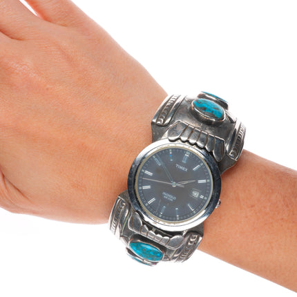 6.75" Heavy vintage Navajo Morenci turquoise sterling silver watch cuff bracelet