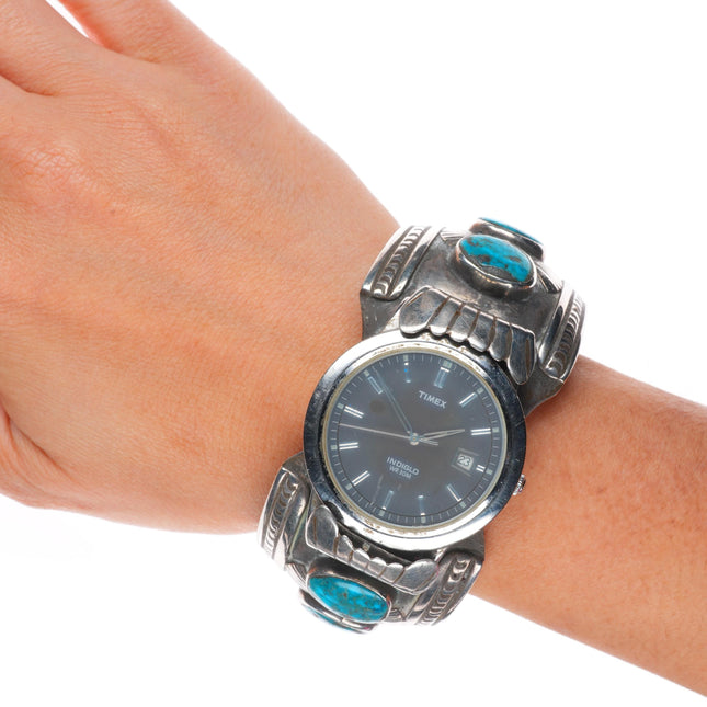 6.75" Heavy vintage Navajo Morenci turquoise sterling silver watch cuff bracelet