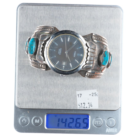 6.75" Heavy vintage Navajo Morenci turquoise sterling silver watch cuff bracelet