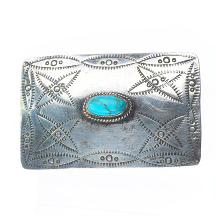 Vintage Sandoval Navajo sterling silver nicely stamped belt buckle w/turquoise