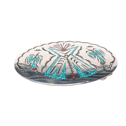 William Singer Navajo Vintage sterling silver chip inlay turquoise belt buckle