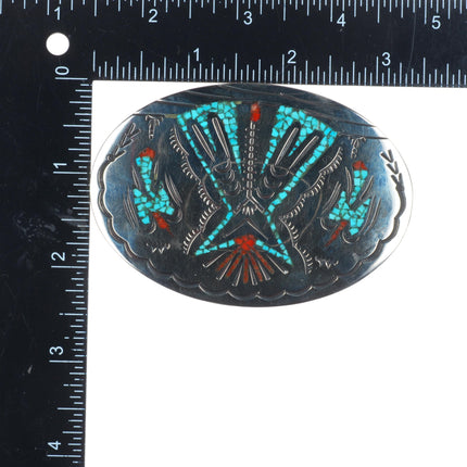 William Singer Navajo Vintage sterling silver chip inlay turquoise belt buckle