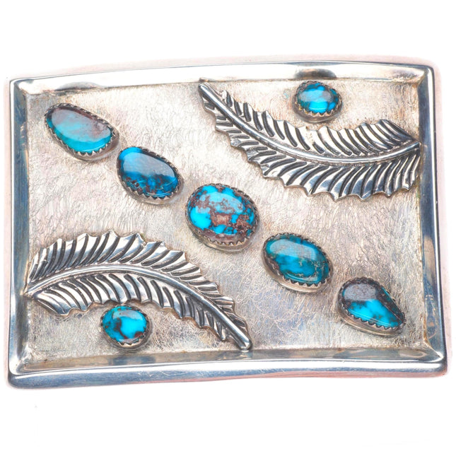 Vintage Bisbee turquoise Navajo feather design sterling silver belt buckle