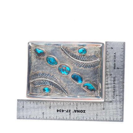 Vintage Bisbee turquoise Navajo feather design sterling silver belt buckle