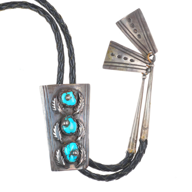 Nice c1960 c-31 Navajo sterling silver turquoise bolo tie with fancy dangly tips