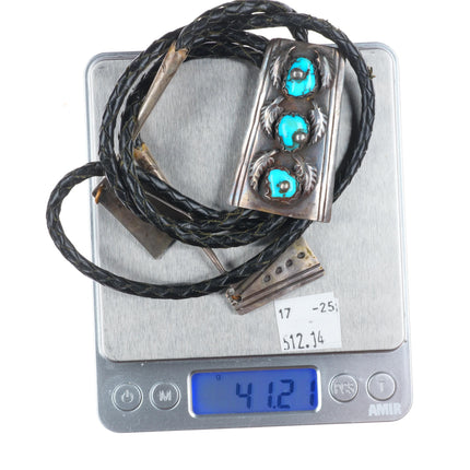 Nice c1960 c-31 Navajo sterling silver turquoise bolo tie with fancy dangly tips