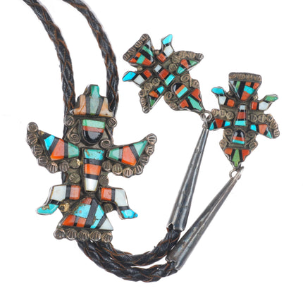 40's-50's Zuni Knifewing bolo tie sterling silver multi-stone inlay fancy tips