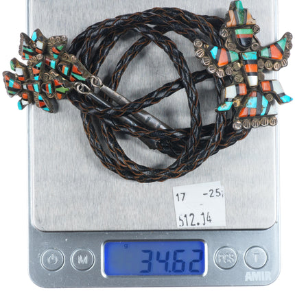 40's-50's Zuni Knifewing bolo tie sterling silver multi-stone inlay fancy tips