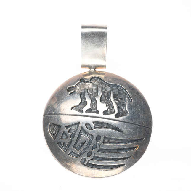 Hopi Overlay Man in the maze/bear sterling silver spinner pendant