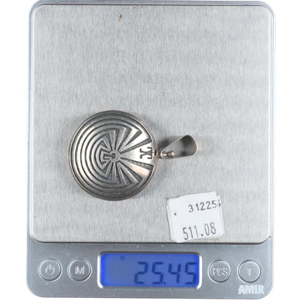 Hopi Overlay Man in the maze/bear sterling silver spinner pendant