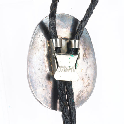 c1970 Morenci Turquoise/Coral Navajo sterling silver bolo tie with fancy tips