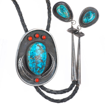 c1970 Morenci Turquoise/Coral Navajo sterling silver bolo tie with fancy tips