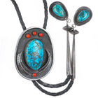 c1970 Morenci Turquoise/Coral Navajo sterling silver bolo tie with fancy tips