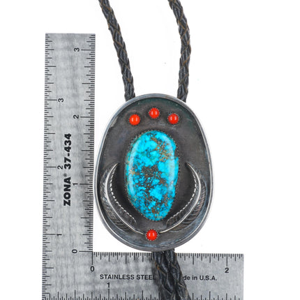 c1970 Morenci Turquoise/Coral Navajo sterling silver bolo tie with fancy tips