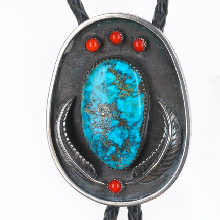 c1970 Morenci Turquoise/Coral Navajo sterling silver bolo tie with fancy tips