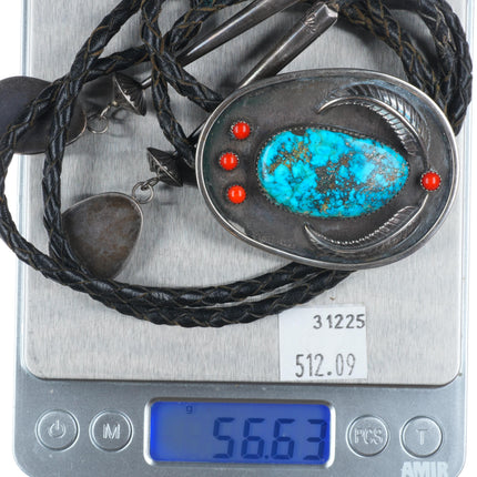 c1970 Morenci Turquoise/Coral Navajo sterling silver bolo tie with fancy tips