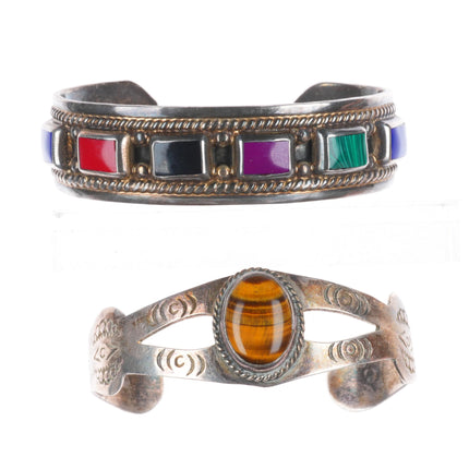 6.5"-6.75" Retro Mexican sterling silver multi-stone cuff bracelets tiger's eye