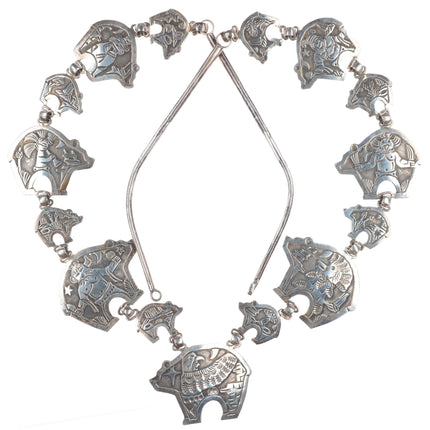 32" Large Vintage Becenti Navajo sterling silver bears storyteller necklace