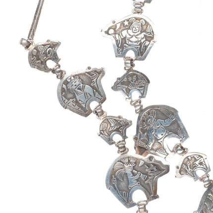 32" Large Vintage Becenti Navajo sterling silver bears storyteller necklace
