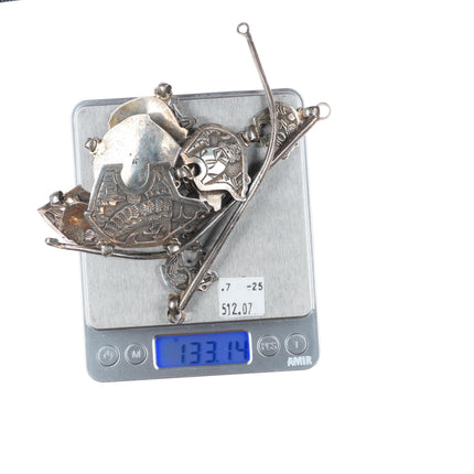 32" Large Vintage Becenti Navajo sterling silver bears storyteller necklace