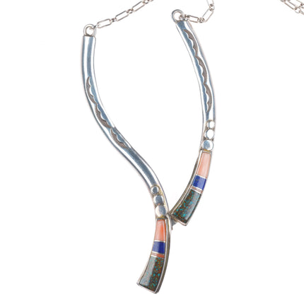 Antonio Yazzie Navajo sterling silver spiderweb turquoise coral inlay necklace