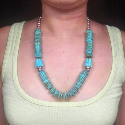 23.5" Southwestern/Native American sterling silver turquoise beaded necklace