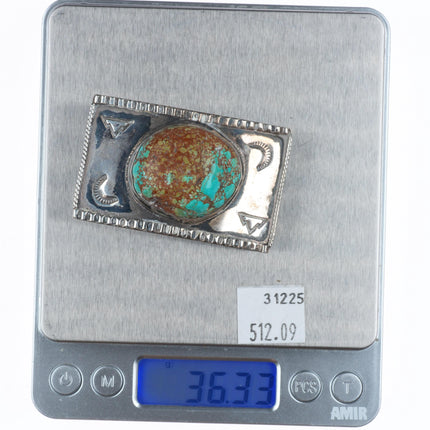 c1950's small Vintage Navajo sterling silver chunky turquoise belt buckle