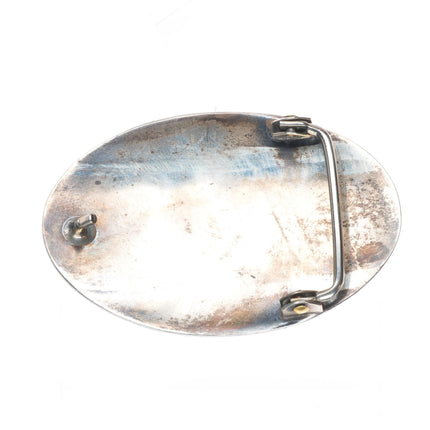 Vintage Navajo Overlay dancer turquoise flush inlay sterling silver belt buckle