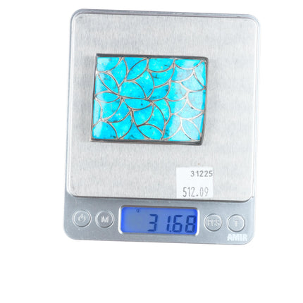 Alice Leekya Homer Zuni sterling silver turquoise fish scale inlay belt buckle