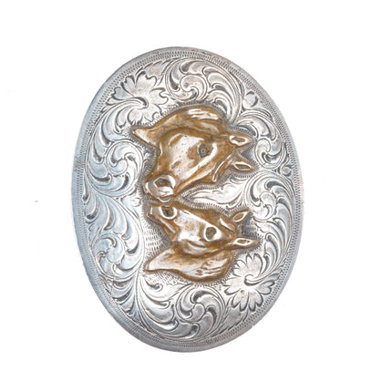 SSS Vintage Southwestern sterling silver horse busts cowboy/cowgirl belt buckle