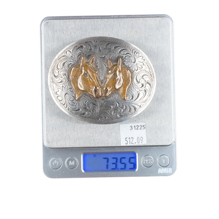 SSS Vintage Southwestern sterling silver horse busts cowboy/cowgirl belt buckle